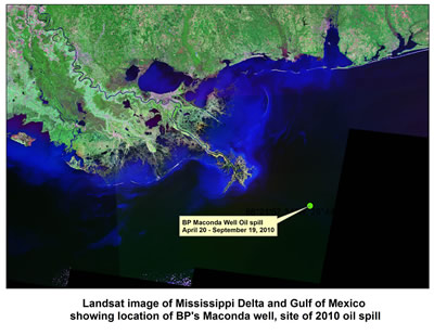 Landsat image of Mississippi Delta and Gulf of Mexico, showing location of BP's Macondo well, site of 2010 oil spill