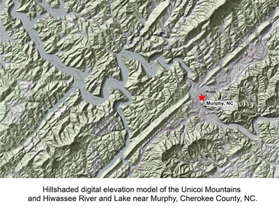 Hillshaded digital elevation model of the Unicoi Mountains, NC
